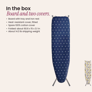 RosyIron ironing board with storage tray, what is in the box: board, fitted cover and spare cotton cover