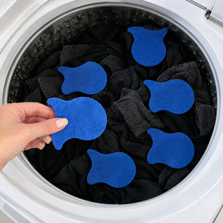 RosyIron pet hair fish being dropped into a top-load washer full of dark clothes