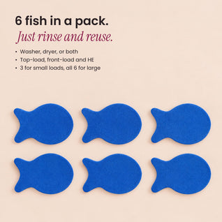 RosyIron laundry pet hair fish 6 pack, works in washer and dryer, rinse and reuse