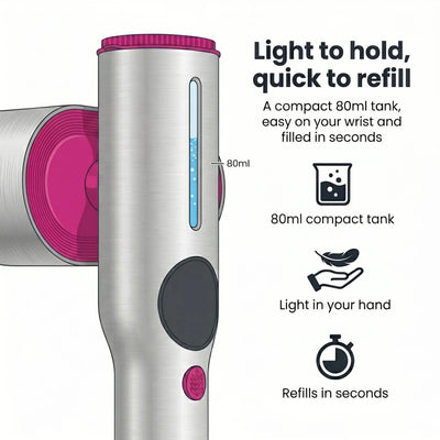 RosyIron lightweight handheld steamer with an 80ml water tank that refills in seconds