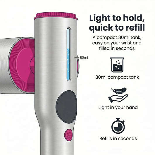 RosyIron lightweight handheld steamer with an 80ml water tank that refills in seconds