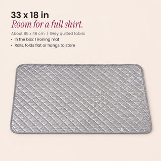 RosyIron ironing mat size guide showing the 33 x 18 inch grey quilted mat from above