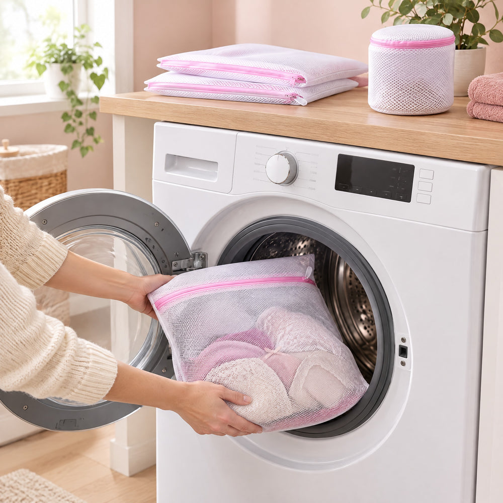 RosyIron mesh laundry bag filled with lingerie being placed into the drum of a front-loading washer
