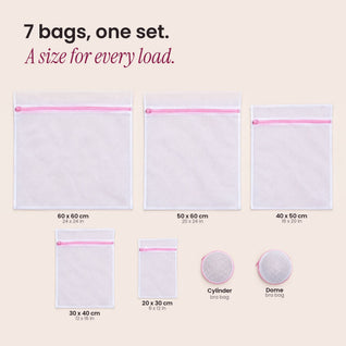 RosyIron mesh laundry bag size guide: five bags from 60 x 60 to 20 x 30 cm, two bra bags