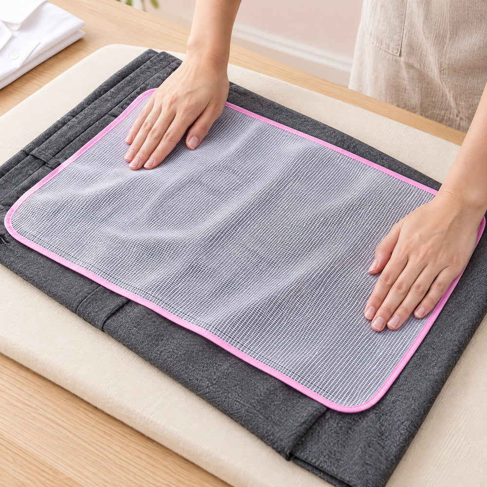 RosyIron mesh pressing cloth smoothed by hand over charcoal wool trousers, the grey fabric visible through the mesh