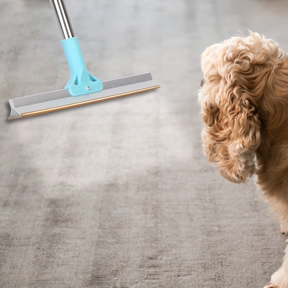RosyIron pet hair rake pulling embedded dog hair from a grey carpet while a curly dog watches