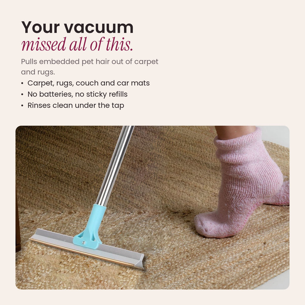 RosyIron pet hair rake lifting embedded hair from a jute rug, with key benefits listed