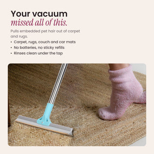 RosyIron pet hair rake lifting embedded hair from a jute rug, with key benefits listed
