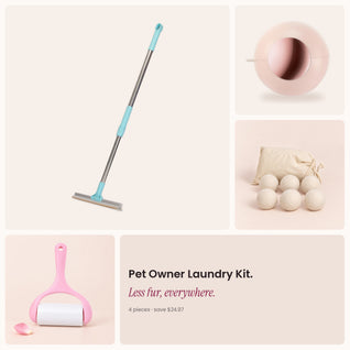 RosyIron Pet Owner Laundry Kit with pet hair rake, gel lint roller, wool dryer balls and sticky lint roller