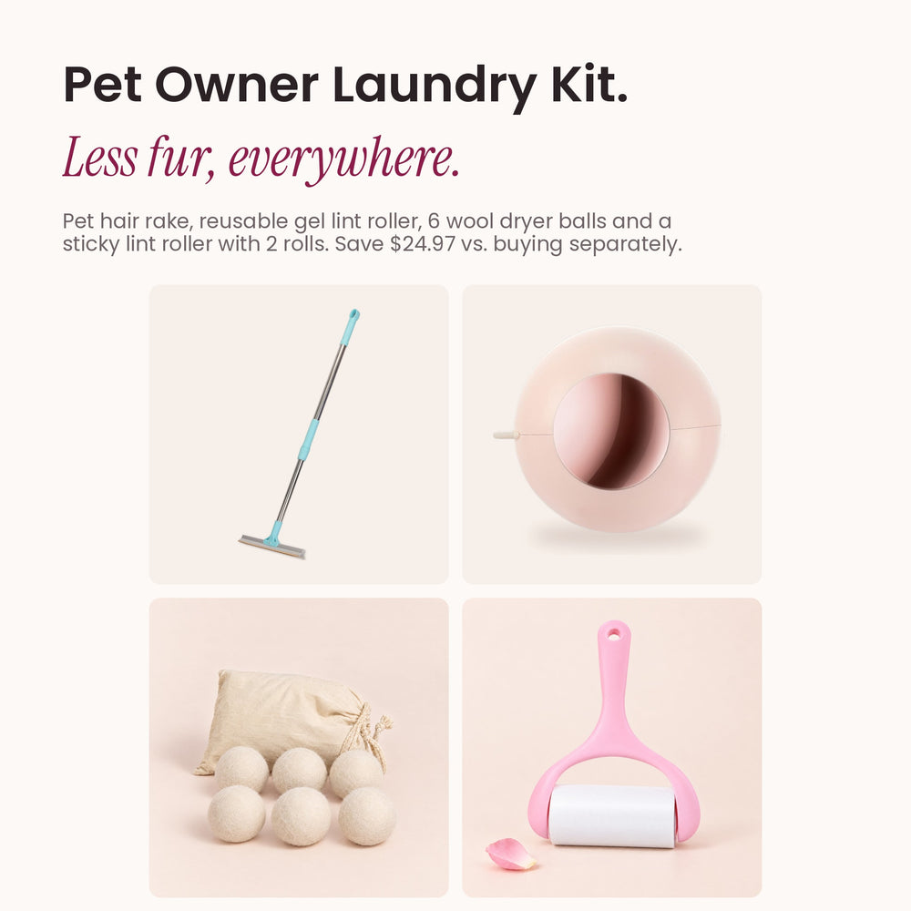 What's in the RosyIron Pet Owner Laundry Kit: pet hair rake, reusable gel lint roller, 6 wool dryer balls, sticky lint roller