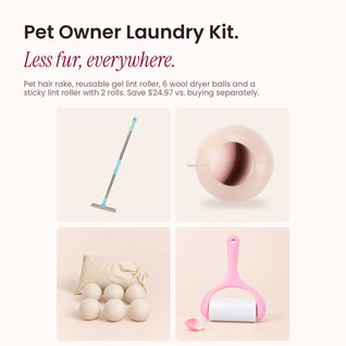 What's in the RosyIron Pet Owner Laundry Kit: pet hair rake, reusable gel lint roller, 6 wool dryer balls, sticky lint roller
