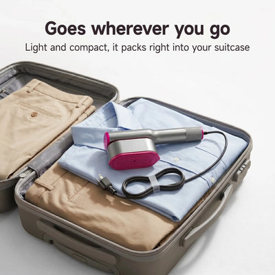 Compact RosyIron portable steamer packed in a suitcase with folded shirt and pants