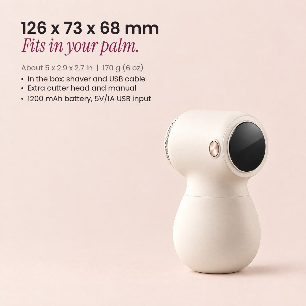 RosyIron fabric shaver showing its digital display end, with size 126 x 73 x 68 mm and box contents