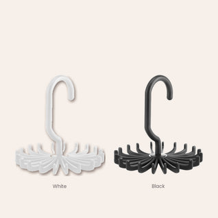 RosyIron rotating belt and scarf hanger shown side by side in white and black