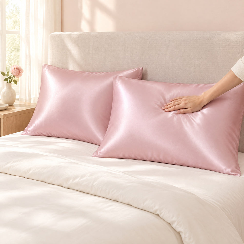 RosyIron blush pink satin pillowcases on two pillows on a made bed, a hand smoothing the satin
