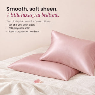RosyIron pink satin pillowcases stacked on cream bed linen with text about size and material