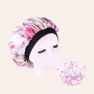 RosyIron satin sleep bonnet in Pink Print floral satin with a black band, side and flat views