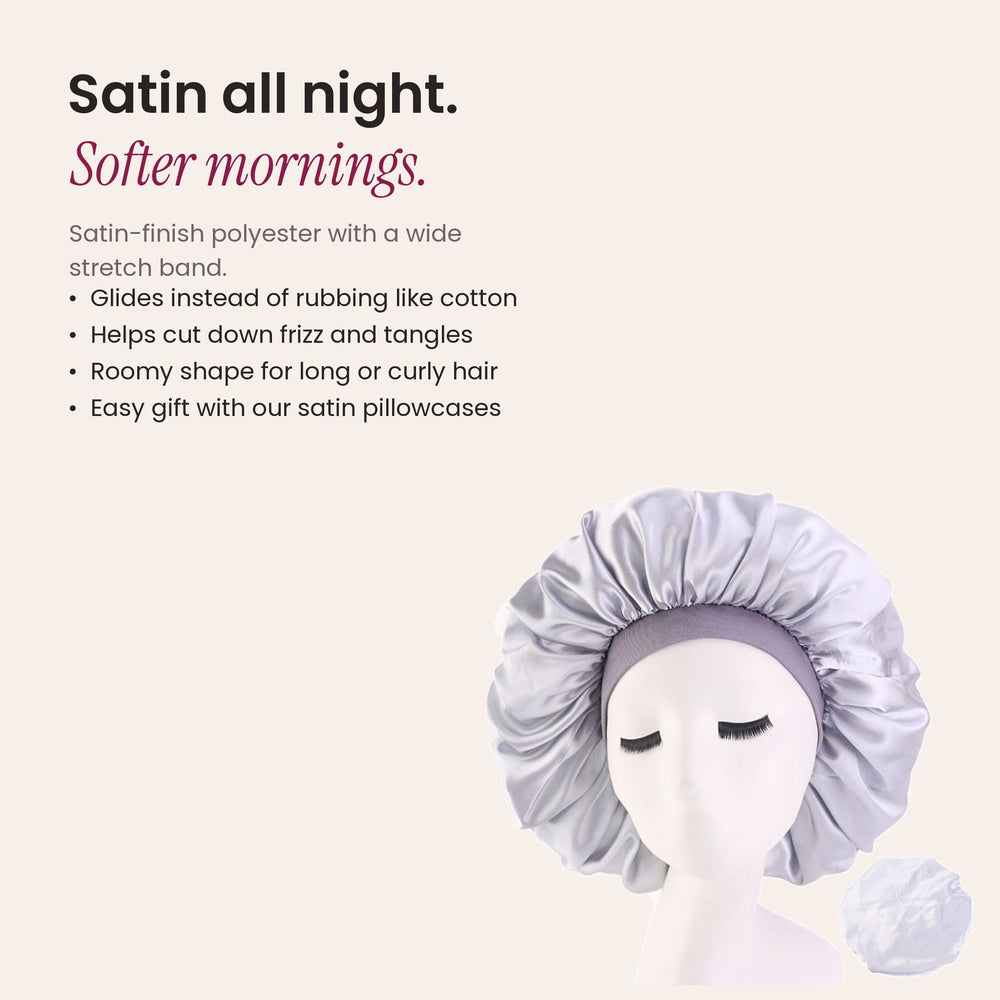 RosyIron satin sleep bonnet in silver with a grey stretch band and notes on smooth overnight hair