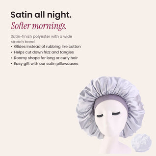 RosyIron satin sleep bonnet in silver with a grey stretch band and notes on smooth overnight hair