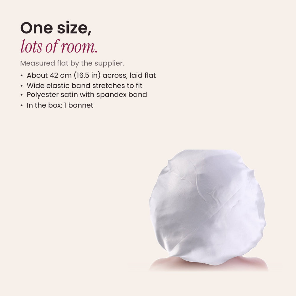 RosyIron satin sleep bonnet back view in silver, about 42 cm across when laid flat, one size