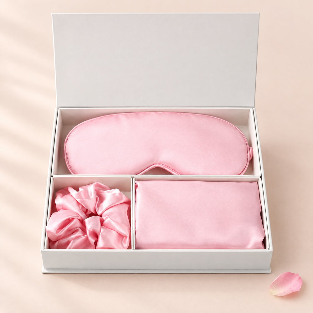 RosyIron Satin Sleep Gift Set in pink, sleep mask, scrunchie and pillowcase in an open white gift box