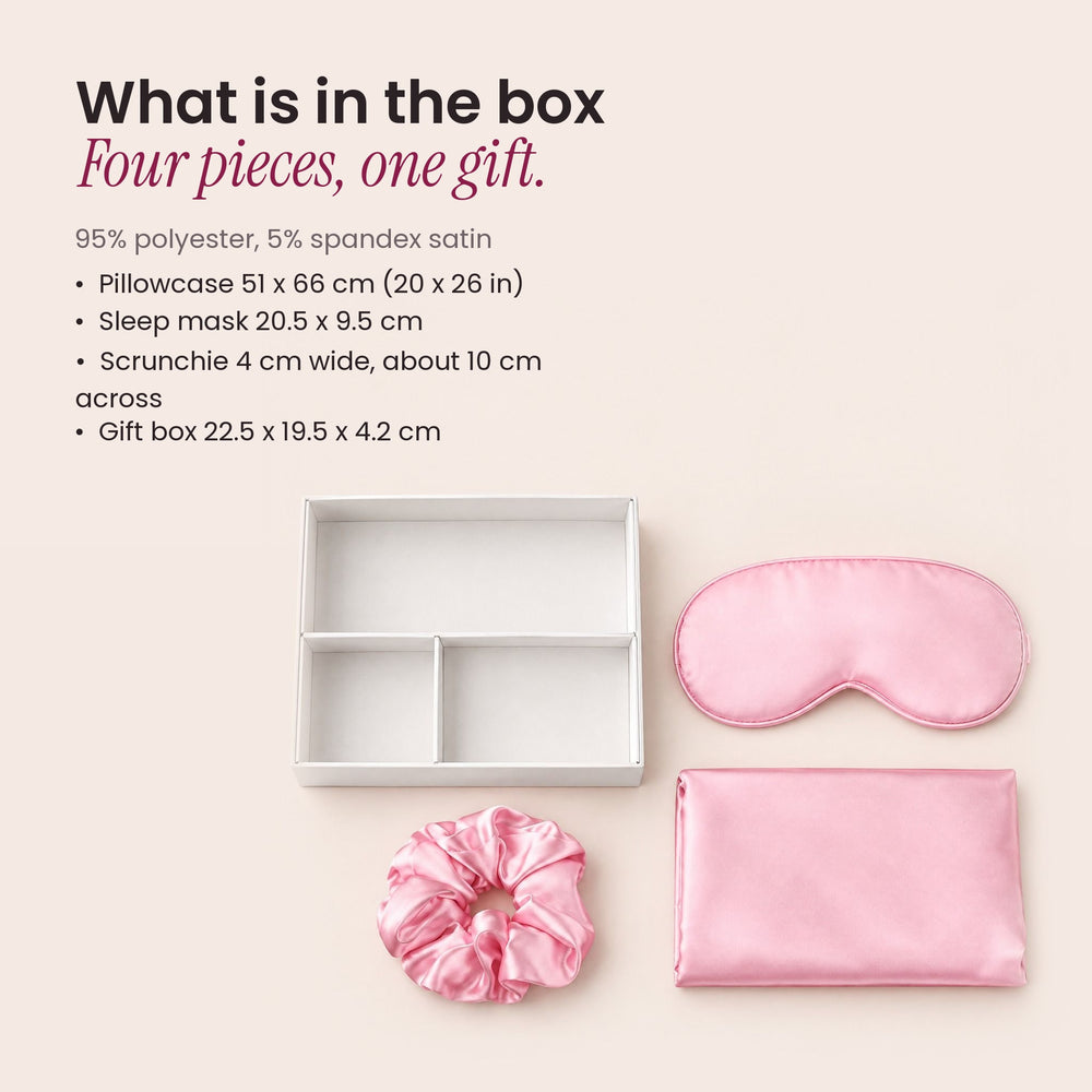 RosyIron Satin Sleep Gift Set contents with sizes for the pillowcase, sleep mask, scrunchie and gift box