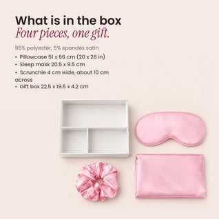 RosyIron Satin Sleep Gift Set contents with sizes for the pillowcase, sleep mask, scrunchie and gift box