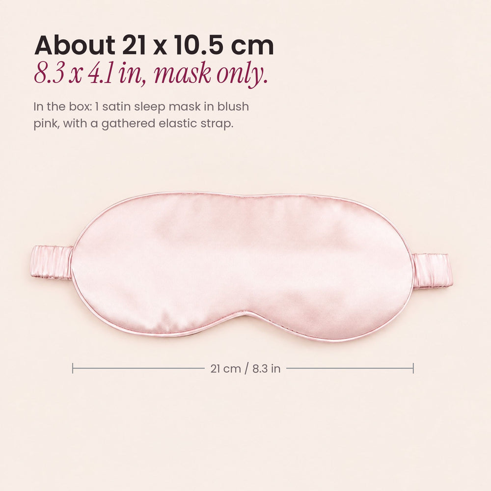 RosyIron satin sleep mask size guide showing the blush pink mask at about 21 x 10.5 cm