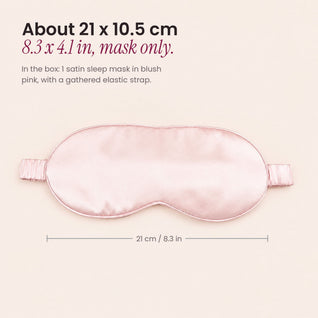 RosyIron satin sleep mask size guide showing the blush pink mask at about 21 x 10.5 cm