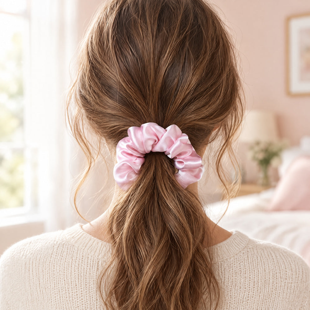 RosyIron pink scrunchie holding a woman's low loose ponytail, seen from behind in a bright bedroom