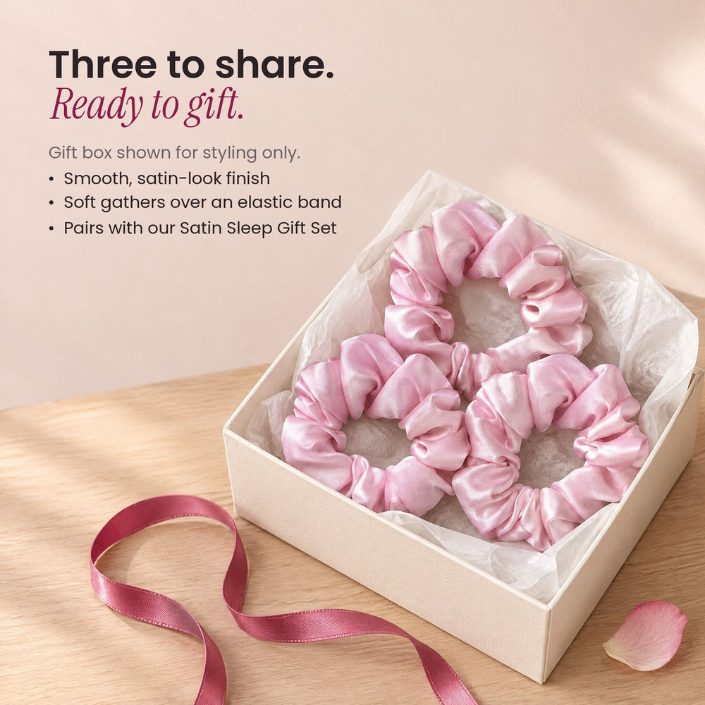 RosyIron pink scrunchies 3 pack arranged in an open cream gift box with tissue and ribbon