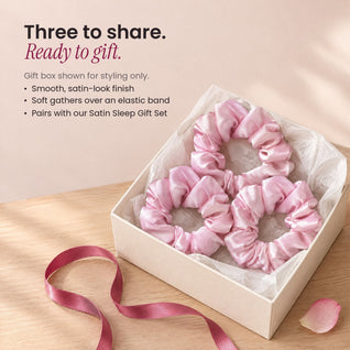 RosyIron pink scrunchies 3 pack arranged in an open cream gift box with tissue and ribbon