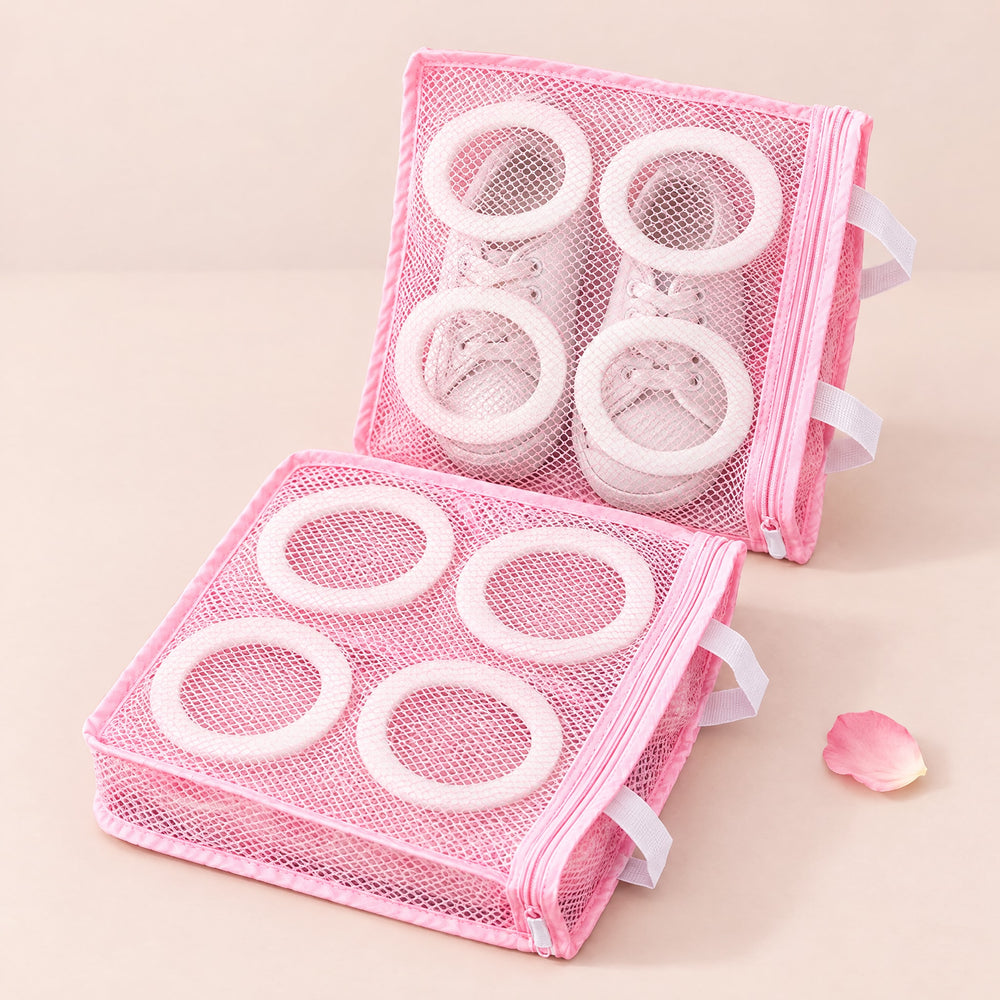 RosyIron shoe wash bags, two pink mesh bags with white foam rings, one holding small white sneakers