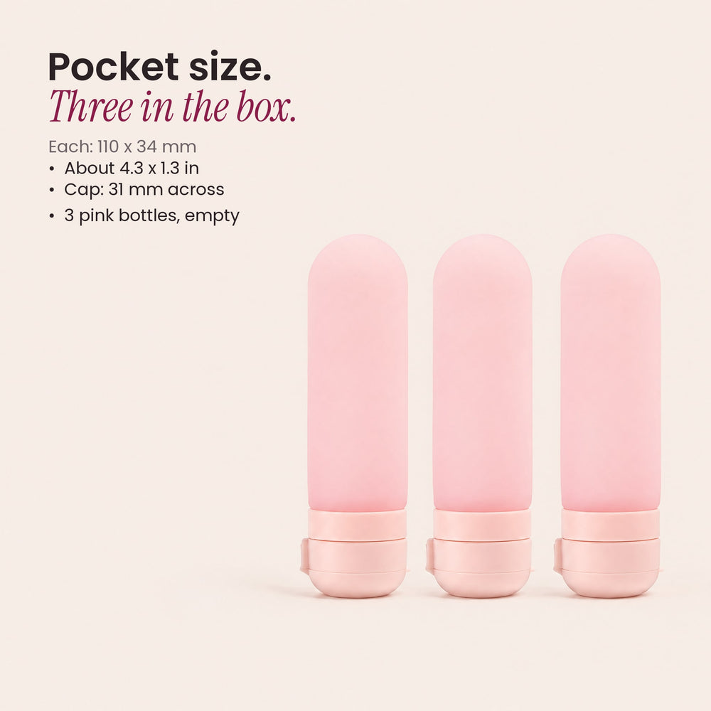 RosyIron silicone travel bottles size chart, each bottle 110 x 34 mm with a 31 mm cap