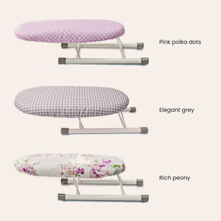 RosyIron mini sleeve ironing board in three covers: pink polka dots, elegant grey and rich peony