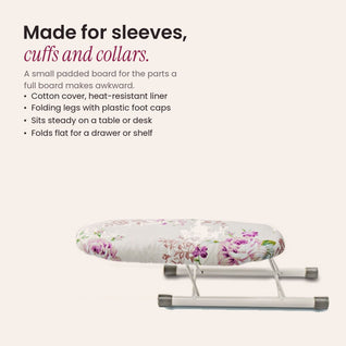 RosyIron tabletop sleeve ironing board in rich peony print with folding legs for sleeves and collars