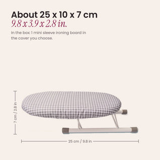 RosyIron mini sleeve ironing board size guide, about 25 x 10 x 7 cm or 9.8 x 3.9 x 2.8 in