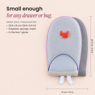 RosyIron steamer glove size guide showing the 22.5 x 15 cm grey padded mitt from above