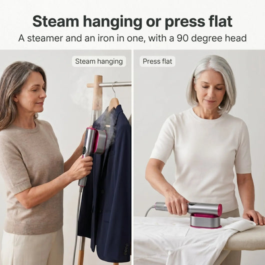Woman using RosyIron to steam clothes on a hanger and press flat on a board, 90 degree head