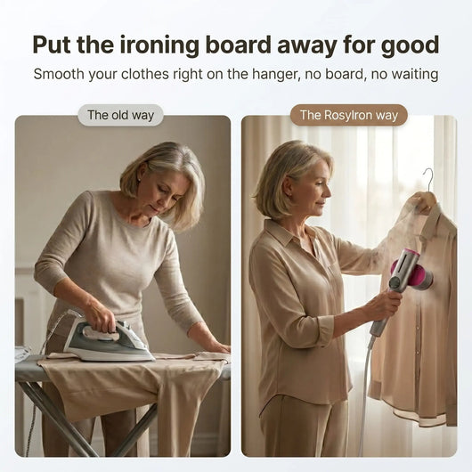 Ironing on a board versus smoothing clothes on a hanger with the RosyIron steamer