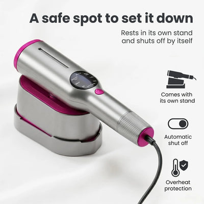 RosyIron steamer resting on its own stand with automatic shut off and overheat protection