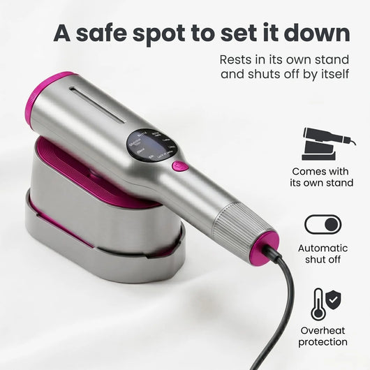 RosyIron steamer resting on its own stand with automatic shut off and overheat protection