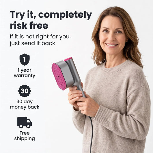 Woman holding RosyIron steamer with 1 year warranty, 30 day money back and free shipping