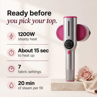 RosyIron SteamerPro: 1200W, ready in about 15 seconds, 7 fabric settings, 20 minutes of steam per fill