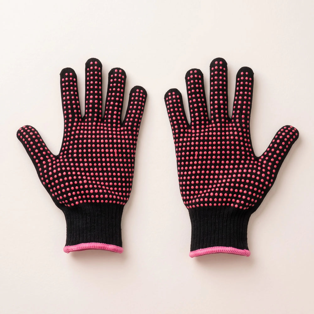 RosyIron steaming gloves, a black knit pair with pink grip dots