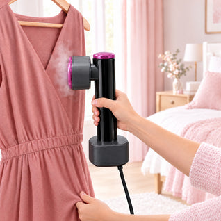 Steaming a hanging dusty-rose dress with the RosyIron SteamStand, magenta steam plate pressed against the fabric