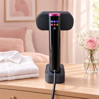 RosyIron SteamStand standing upright on an oak dresser next to a folded white shirt and a pink rose