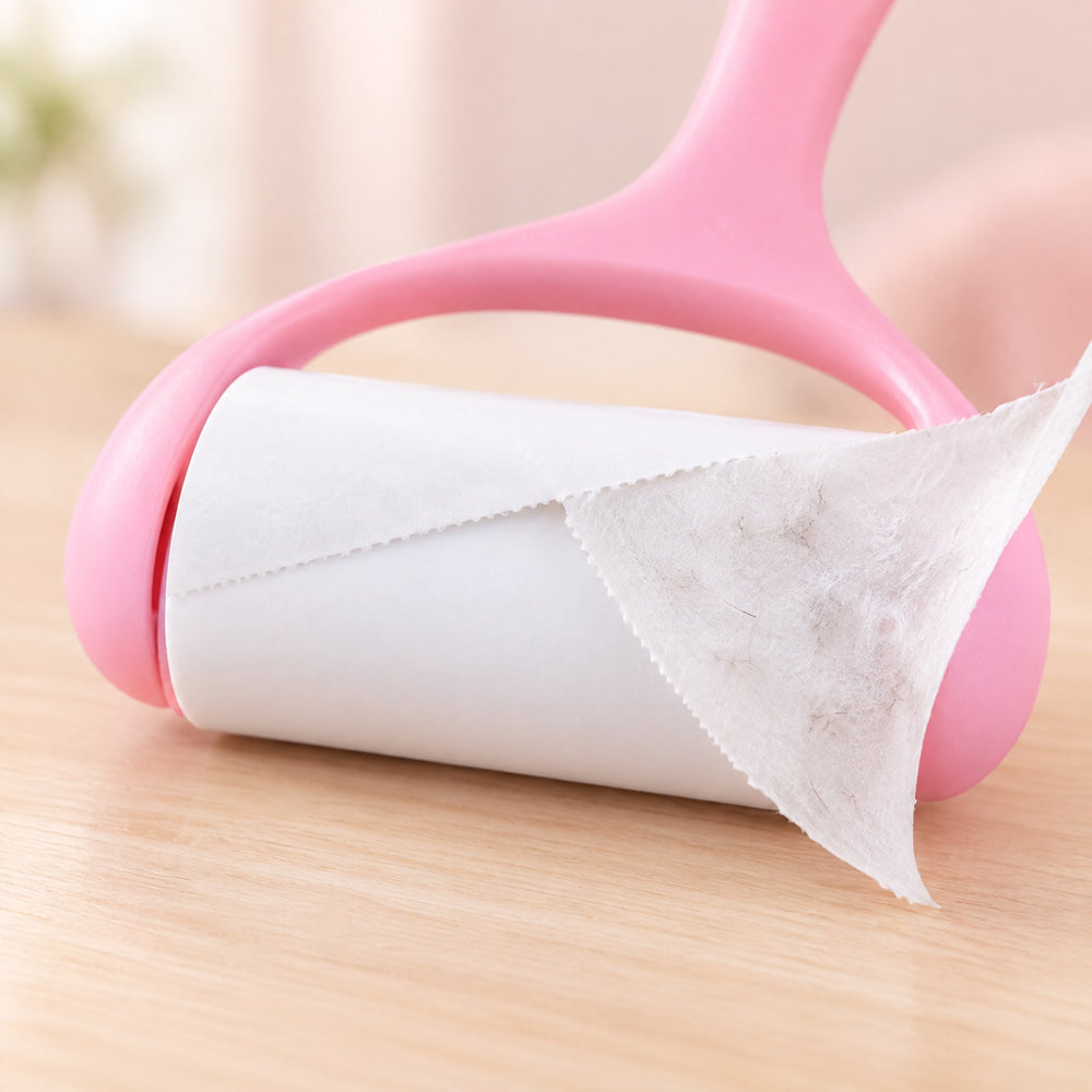 RosyIron lint roller close-up showing a used sticky sheet torn off to reveal a fresh layer