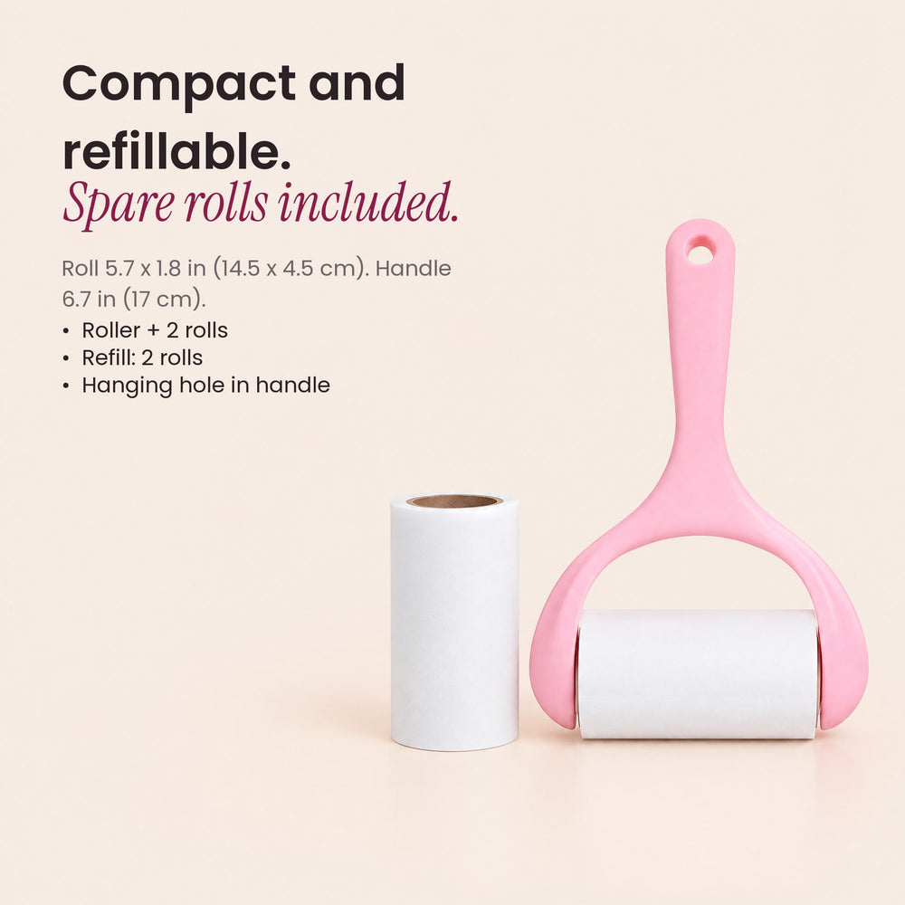 RosyIron lint roller with spare refill roll and dimensions: roll 14.5 x 4.5 cm, handle 17 cm