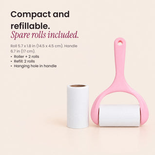 RosyIron lint roller with spare refill roll and dimensions: roll 14.5 x 4.5 cm, handle 17 cm